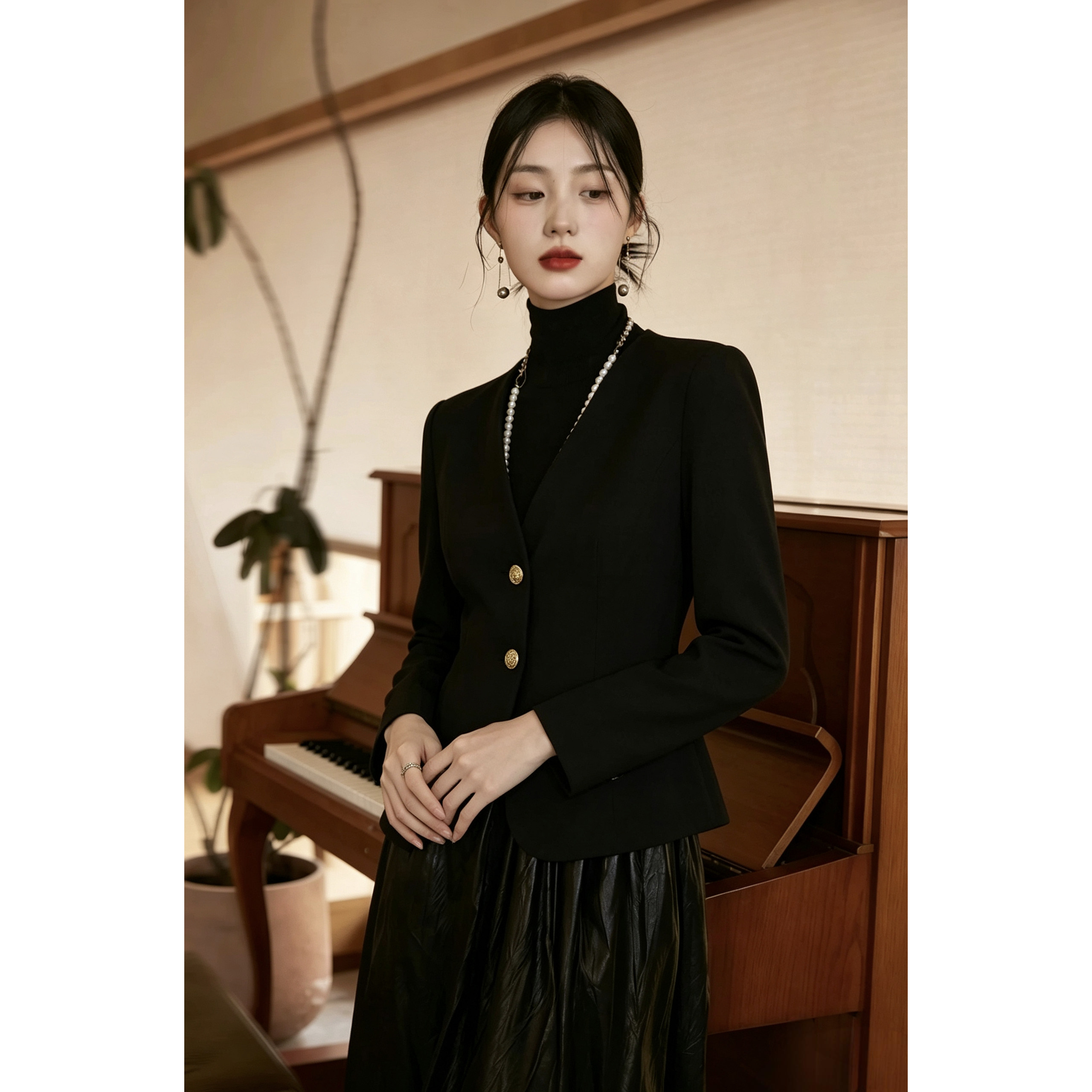 黑色V领金扣小个子西装外套女