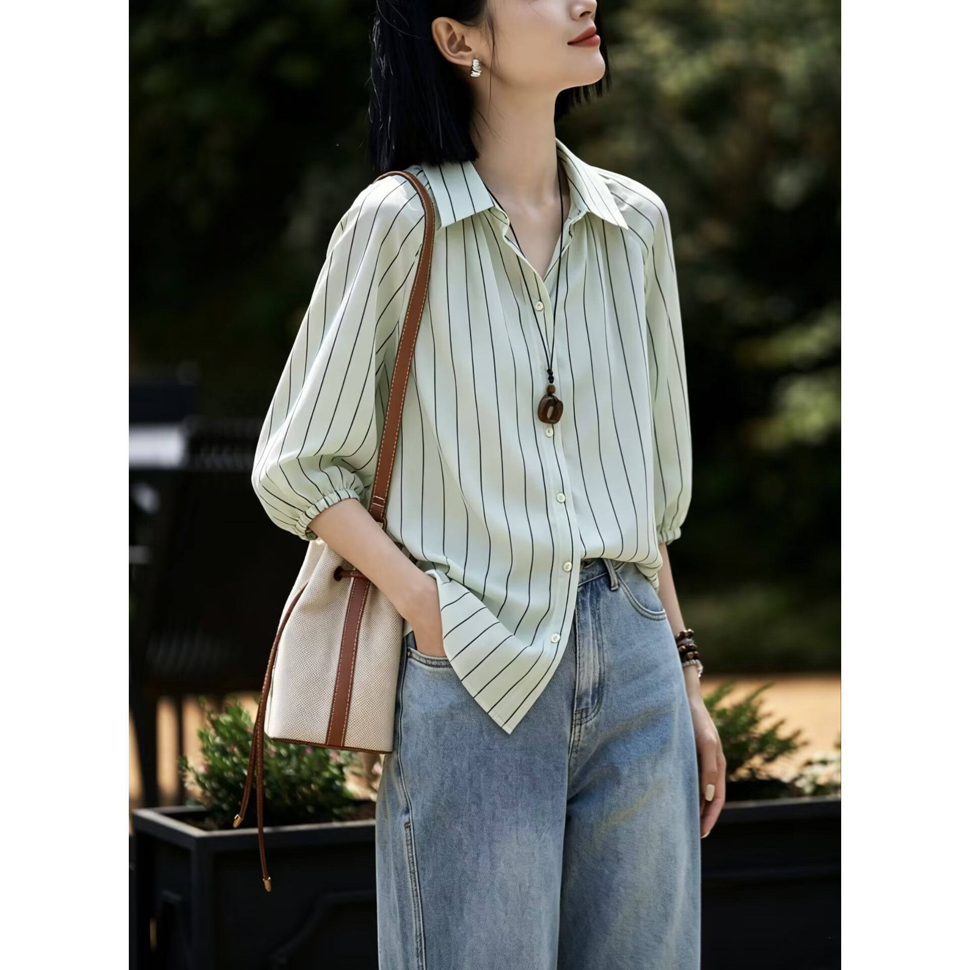重磅真丝通勤方领七分袖衬衫女