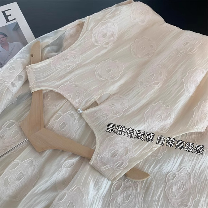 超仙气立体肌理感白色无袖连衣裙宽松显瘦拼接中长款A字仙女裙子