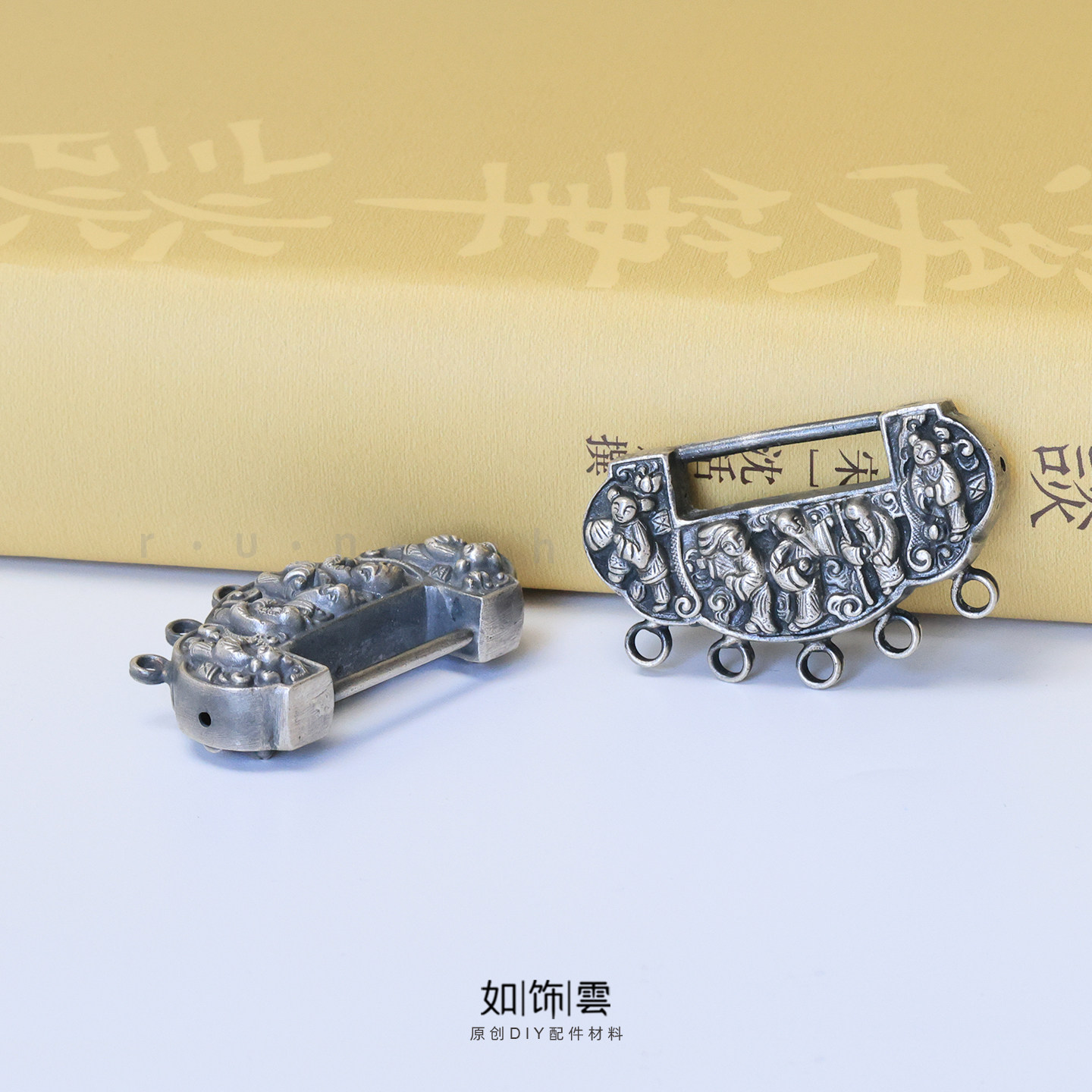 925银做旧雕刻福禄寿五环锁坠
