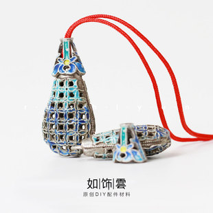 如饰 水滴银钱香囊挂坠 925银烧蓝做旧手工可开合香囊diy银吊饰AQ