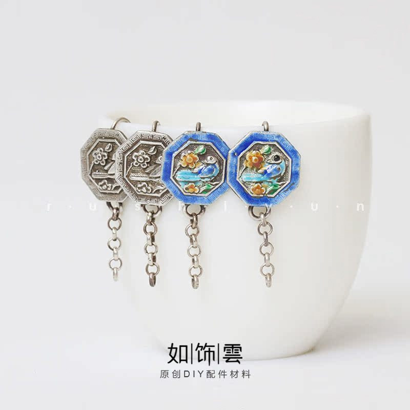 925银烧蓝喜鹊登梅八角耳勾耳饰