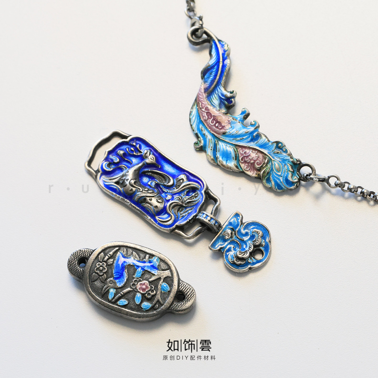 925银烧蓝羽毛麋鹿喜鹊链接环