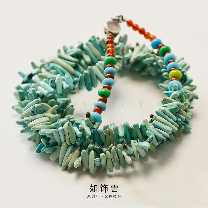 如饰 天然绿松石长条不规则碎石项链手链 925银民族风手串配饰 EY