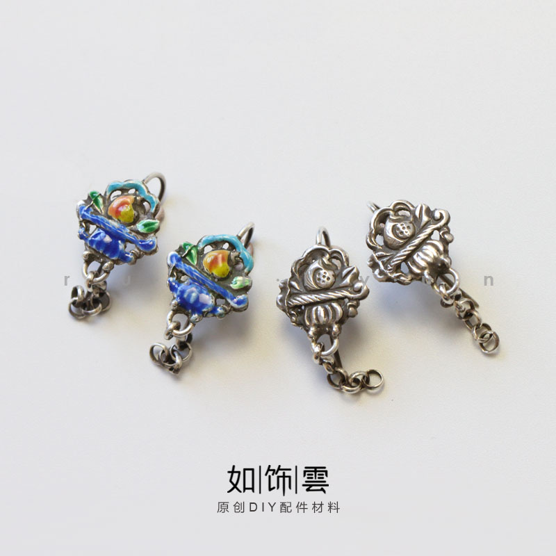 925银烧蓝寿桃花篮耳环汉服