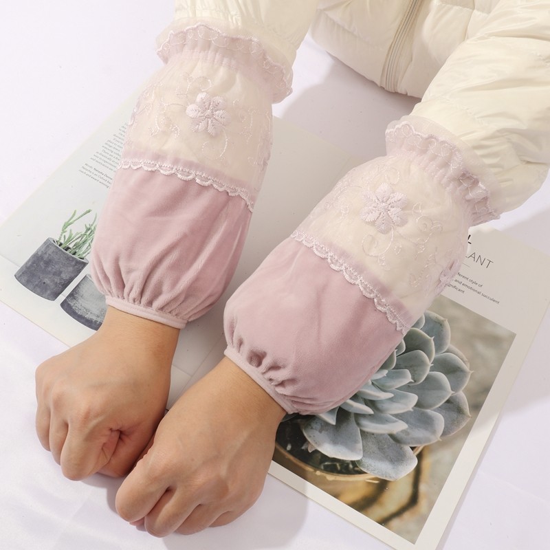 秋冬蕾丝拼接绒布短款袖套女防污