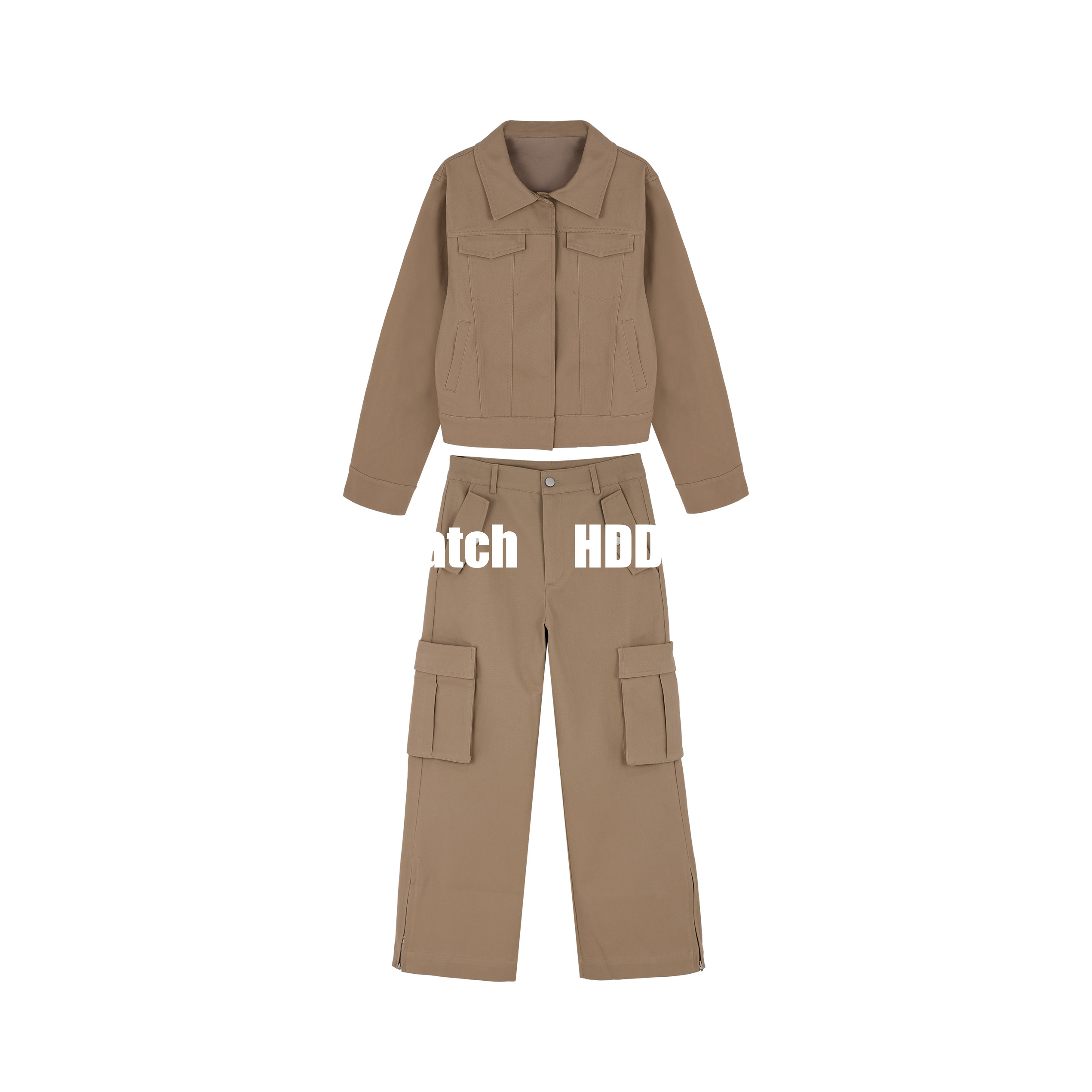 HDD- "套装方式"  100%棉 春季女款帅气夹克外套+工装裤套装Y0071