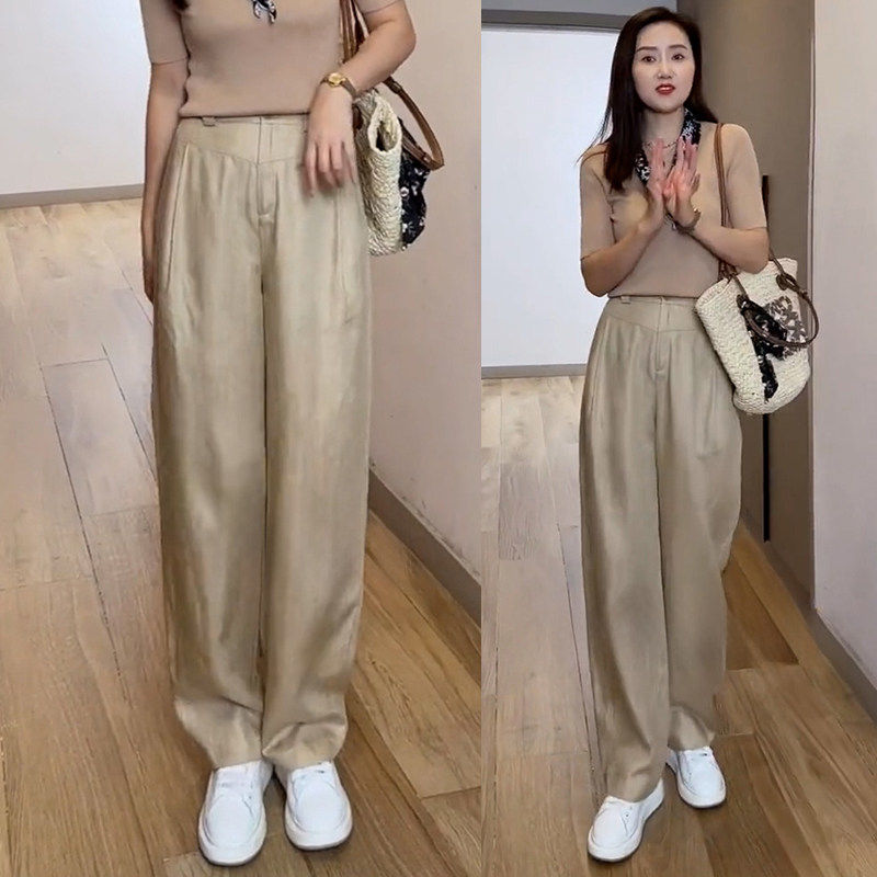 天丝亚麻阔腿裤女夏季薄高腰薄款小个子窄版抗皱冰丝棉麻直筒长裤