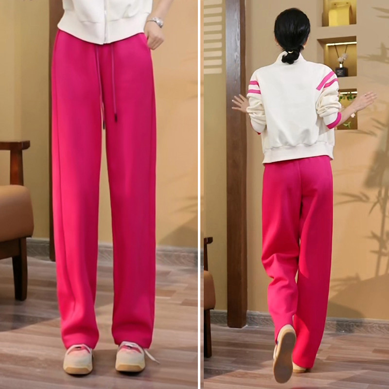 火龙果色运动裤女秋季2024新款高腰小个子直筒窄版阔腿裤休闲卫裤