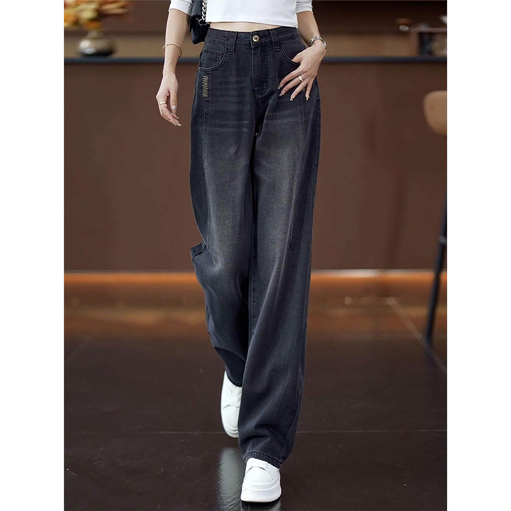 新款九分弯刀牛仔裤女2026春秋季长裤加绒宽松女裤高腰窄版阔腿裤