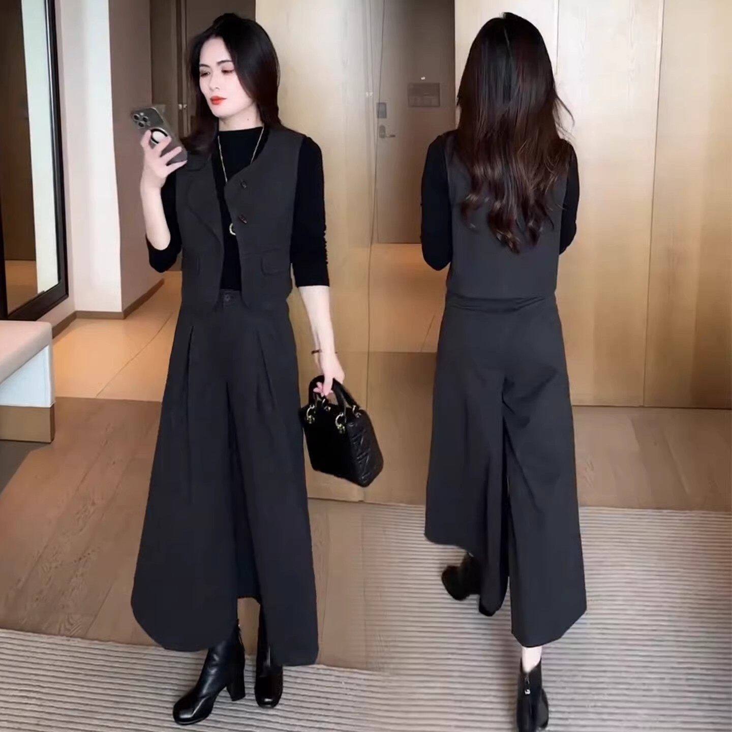 2026超火减龄套装女士春装高级感时尚气质马甲打底衫阔腿裤三件套