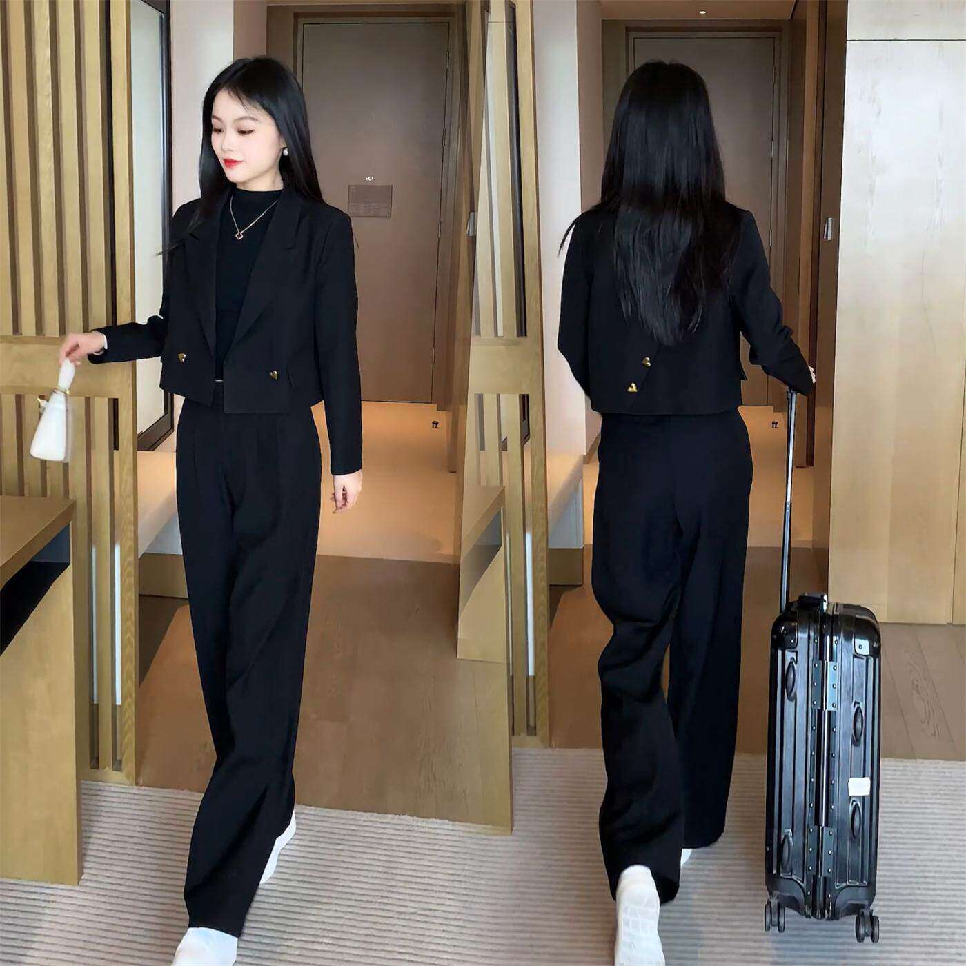 时尚西装套装女2026春秋季新款小个子洋气减龄黑色休闲西服两件套