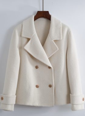 2025白色羊毛双面呢小个子毛呢西装大衣短款冬季外套女小香风