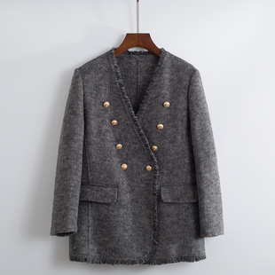 秋装女2024年新款外套白色西装高级感V领时尚洋气正肩羊毛呢大衣