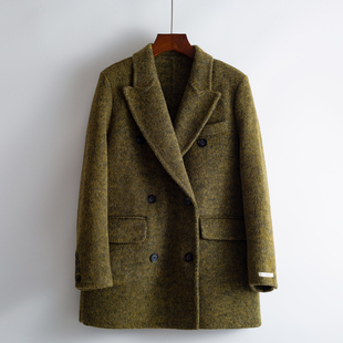 商场同款手缝西装外套女 秋冬新款厚西服 绿色小个子毛呢大衣气质