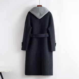 连帽大衣女外套中长款可拆卸两种穿法双面毛呢呢子加厚腰带显瘦