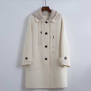今年流行连帽双面绒大衣女中长款小个子针织带帽2024新款羊毛外套
