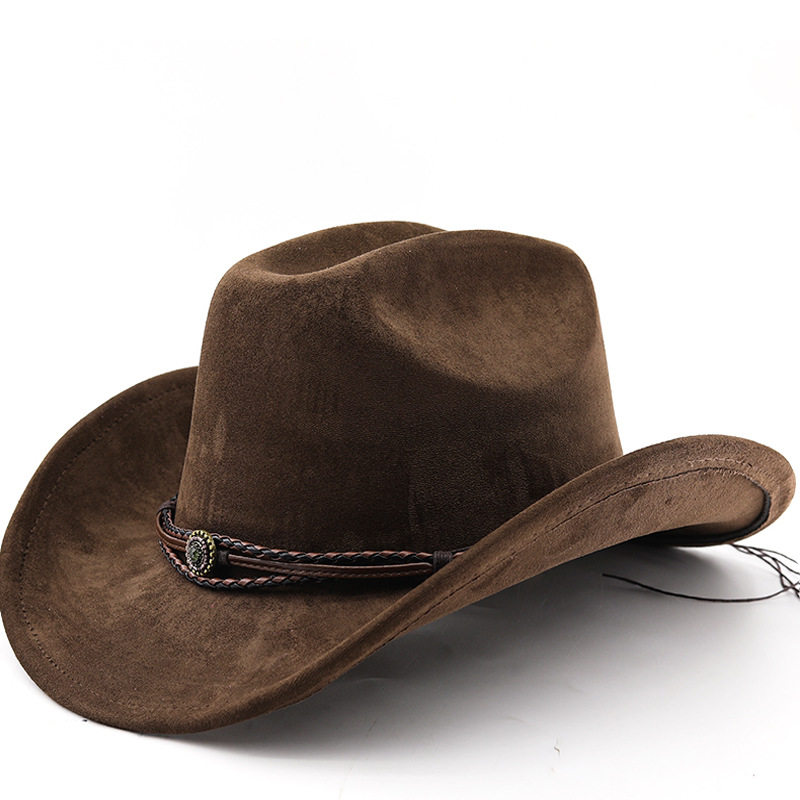 西部麂皮绒翘边西部牛仔帽男女士户外旅游帽子卷檐民族风礼帽毡帽