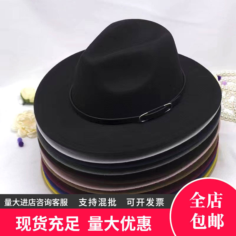 亚马逊跨境礼帽男女士英伦复古带小皮扣毛呢爵士毡帽平檐帽子骑士