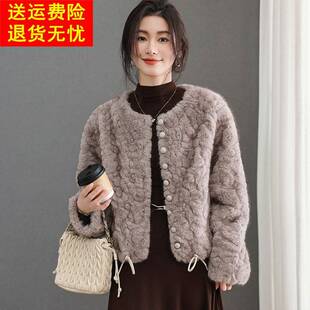 小香风时尚短款皮草外套女毛茸茸保暖加厚皮毛一体水貂绒开衫上衣