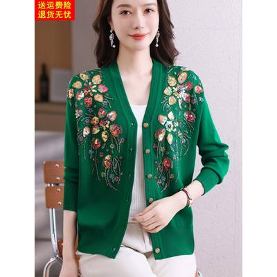 高端手工订珠羊绒开衫女刺绣薄款毛衣短外套羊毛衫中年妈妈装上衣