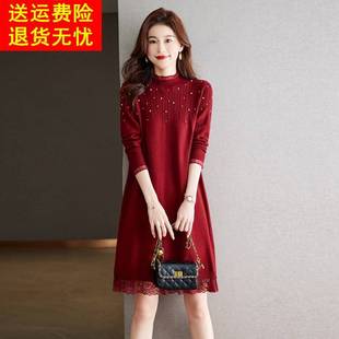 打底衫 蕾丝针织连衣裙毛衣女秋冬中长款 羊毛衫 女装 钉珠裙宽松大码