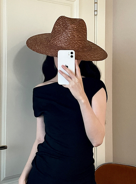 复古咖色大檐麦秆草帽女法式爵士顶沙滩帽海边度假ins博主遮阳帽