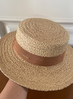 时尚法式拉菲草平顶草帽女出游度假遮阳帽情侣优雅礼帽太阳帽ins