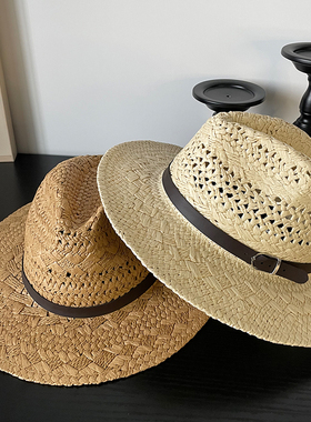 春夏小众款法式复古草帽女海边出游牛仔爵士帽遮阳气质巴拿马帽男