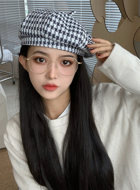 千鸟格贝雷帽女秋冬高级感时尚网红ins画家帽复古韩系百搭八角帽