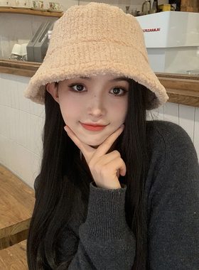 羊羔毛渔夫帽女秋冬韩版百搭日系宽檐显脸小帽子保暖纯色盆帽ins