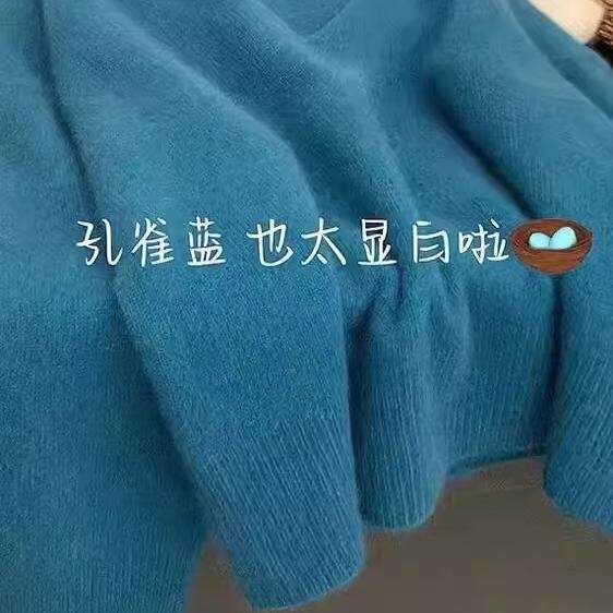 软糯浣熊绒蓝色V领套头毛衣女秋毛衣