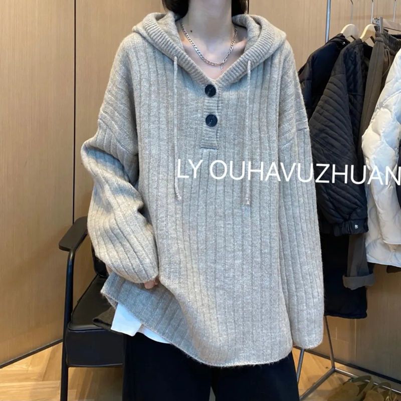 欧货连帽毛衣女秋冬针织打底衫复古日系慵懒风2024年新款内搭上衣