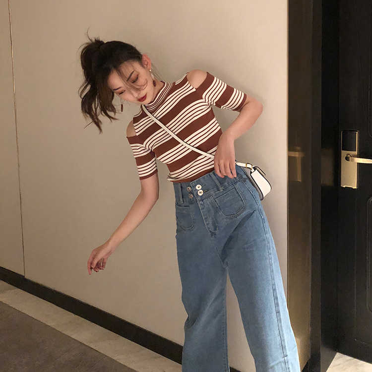 韩版chic针织显瘦复古修身圆领撞色条纹挖肩漏肩短袖t恤女夏上衣|ruв категории Женская одежда, футболка - от Buy2taobao.com для оказания профессиональной услуги покупки агента Taobao