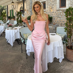 gusty气质名媛风粉色鱼骨束腰裹胸连衣裙缎面礼服长裙辣妹包臀裙