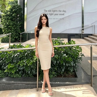 gusty高智御姐风纯色无袖连衣裙女城市通勤修身中长裙气质瑞秋裙