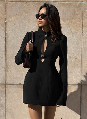 gusty新中式辣妹旗袍领镂空黑色礼服裙高级感气质御姐掐腰连衣裙