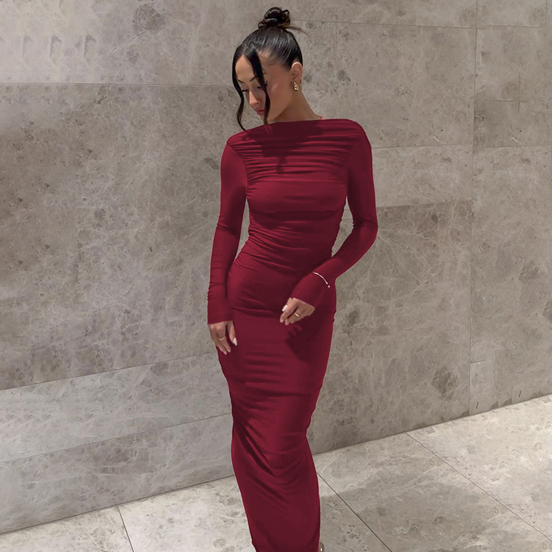 欧美包臀褶皱时尚收腰长裙连衣裙