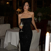 gusty高级感气质御姐烫钻抹胸裙收腰长裙名媛晚礼服辣妹连衣裙女