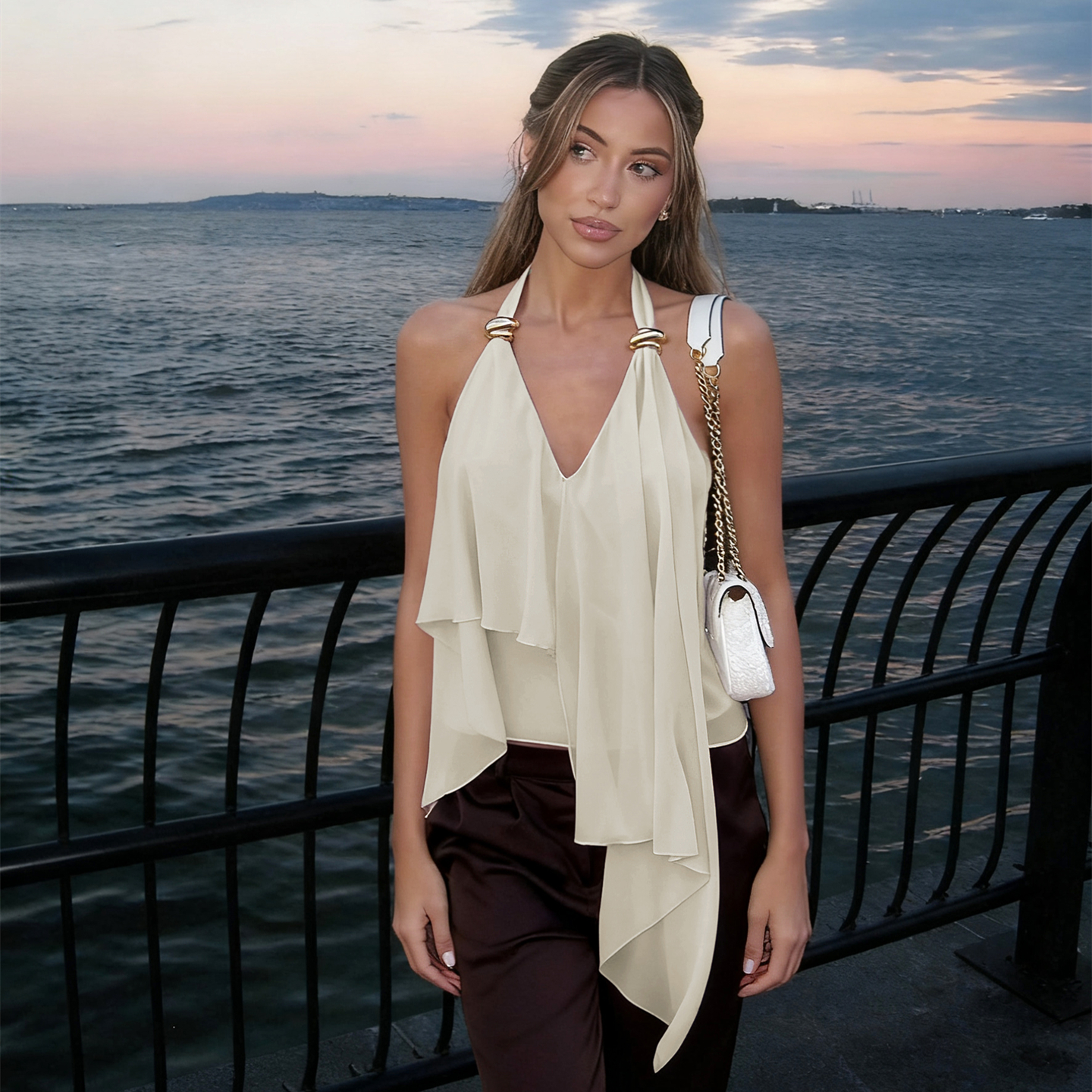 辣妹挂脖吊带御姐露背雪纺上衣女