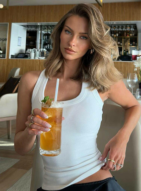 gusty街头美式辣妹U领低胸工装背心潮酷御姐螺纹基础百搭收腰上衣