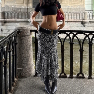 gusty街头辣妹风豹纹不规则半身裙女性感高腰修身显瘦百搭中长裙