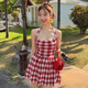 gusty复古港风辣妹显白红格子挂脖吊带裙甜辣chic少女收腰连衣裙