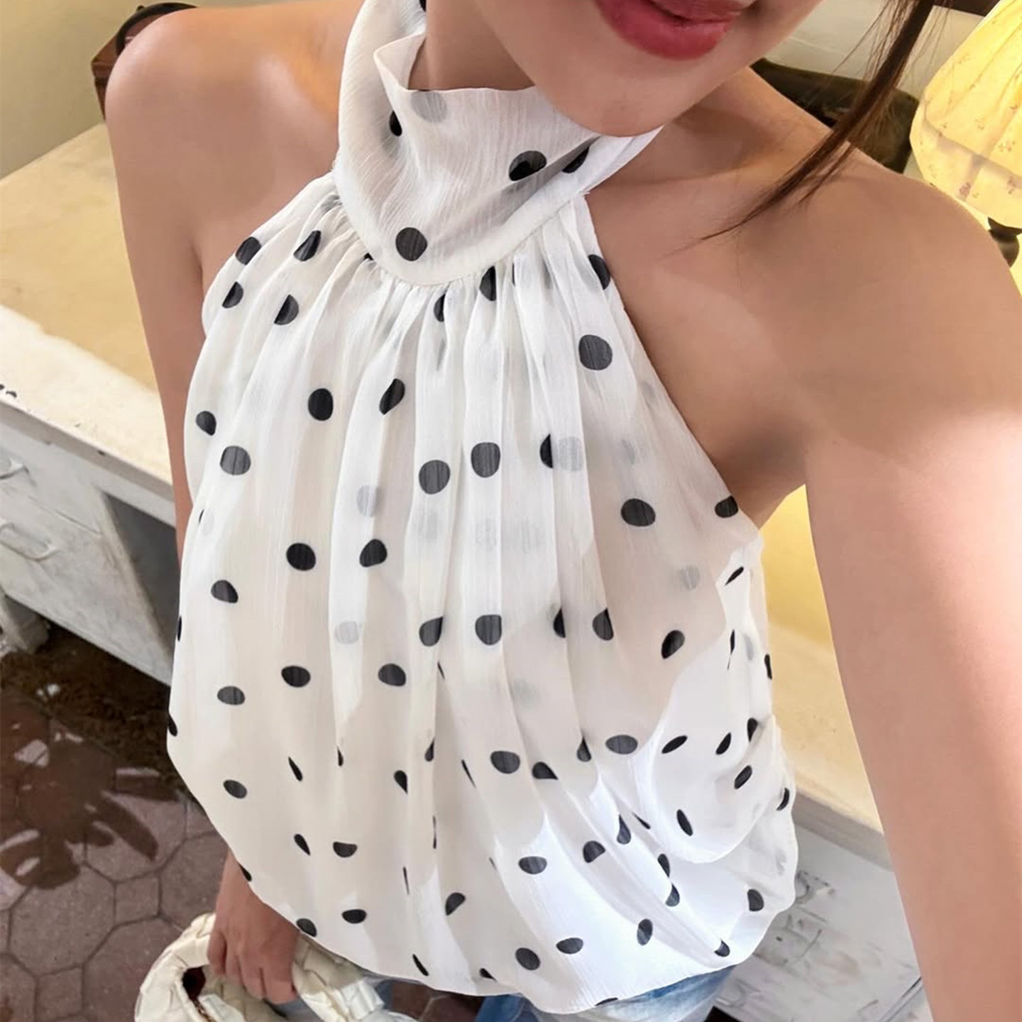 gusty法式甜辣chic波点露背无袖上衣夏季纯欲辣妹挂脖绑带雪纺衫,女装/女士精品,背心吊带,淘宝优惠券,粉丝福利购,淘宝优惠卷