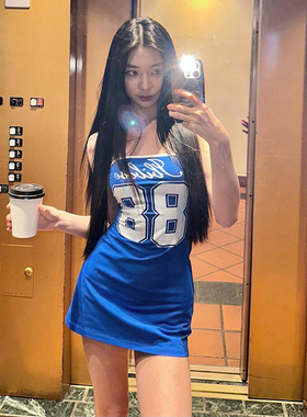 gusty易梦玲同款美式辣妹数字印花抹胸裙外搭运动系背心裙套装 夏