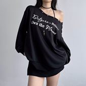gusty美式 y2k辣妹字母印花斜肩宽松卫衣秋冬韩系慵懒chic铆钉上衣