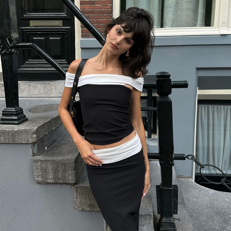 法式一字肩撞色T恤御姐通勤上衣