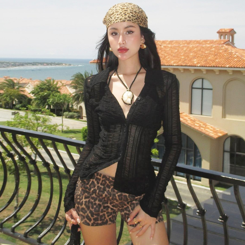 gusty秋网纱上衣辣妹衬衫豹纹裤