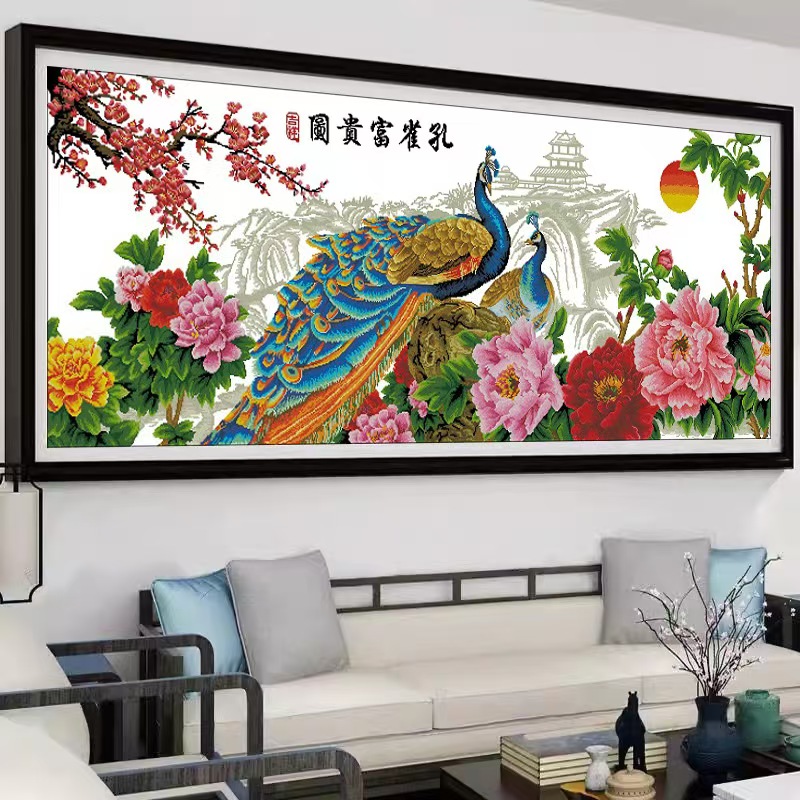珠绣富贵牡丹花开孔雀图富贵图彩珠绣圆珠绣十字绣串珠子绣