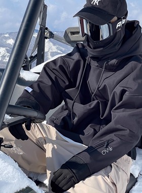 雪否 黑色单板滑雪防水over size宽松加绒 透气男女室内滑雪卫衣